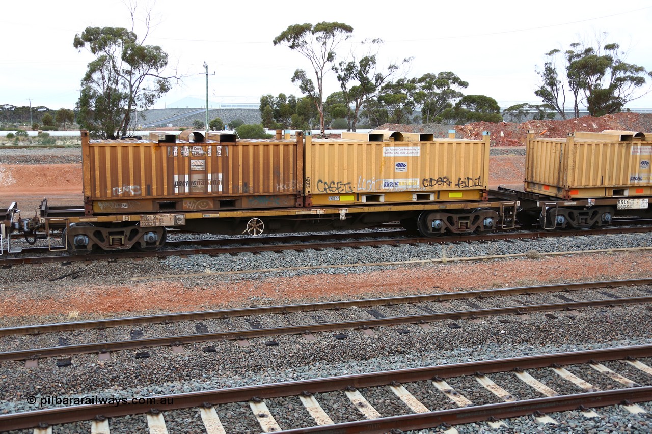 160524 4289
West Kalgoorlie, 1MP2 steel train, RKLY 20383, totally unrecognisable from original build by EPT NSW 1979-81 as part of a batch of two hundred BDY type 14.20 metre open waggons, had several recoding's prior to its current guise, loaded with two RH type coil containers or 'butter boxes' RH 166 and RH 277.
Keywords: RKLY-type;RKLY20383;EPT-NSW;BDY-type;NODY-type;