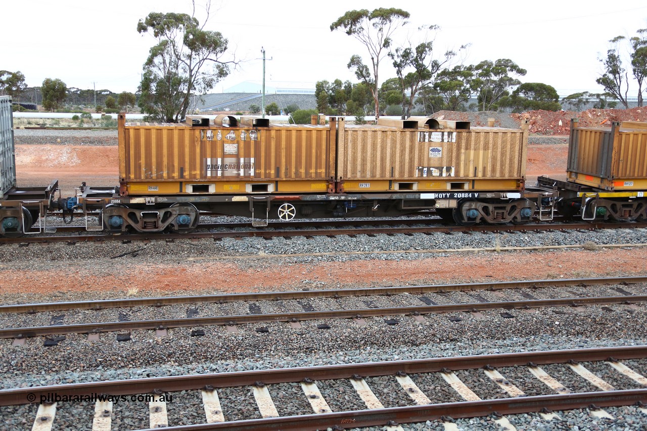 160524 4292
West Kalgoorlie, 1MP2 steel train, NQYY 20884, totally unrecognisable from original build by EPT NSW 1980-81 as part of a batch of two hundred BDY type 14.20 metre open waggons, modified in 1999 to NQYY container waggon, loaded with two RH type coil containers or 'butter boxes' RH 446 and RH 283.
Keywords: NQYY-type;NQYY20884;EPT-NSW;NODY-type;