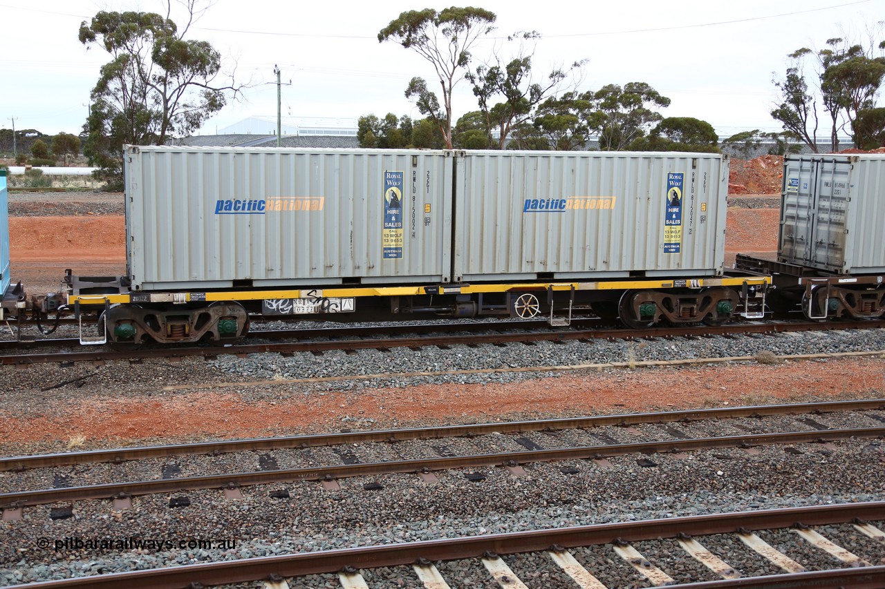 160524 4295
West Kalgoorlie, 1MP2 steel train, NQTY 20322, totally unrecognisable from original build by EPT NSW 1979-81 as part of a batch of two hundred BDY type 14.20 metre open waggons, had several recoding's prior to its current guise, loaded with two Royal Wolf 22G1 type 20' boxes RWLU 815002 and RWLU 815047.
Keywords: NQTY-type;NQTY20322;EPT-NSW;BDY-type;NODY-type;