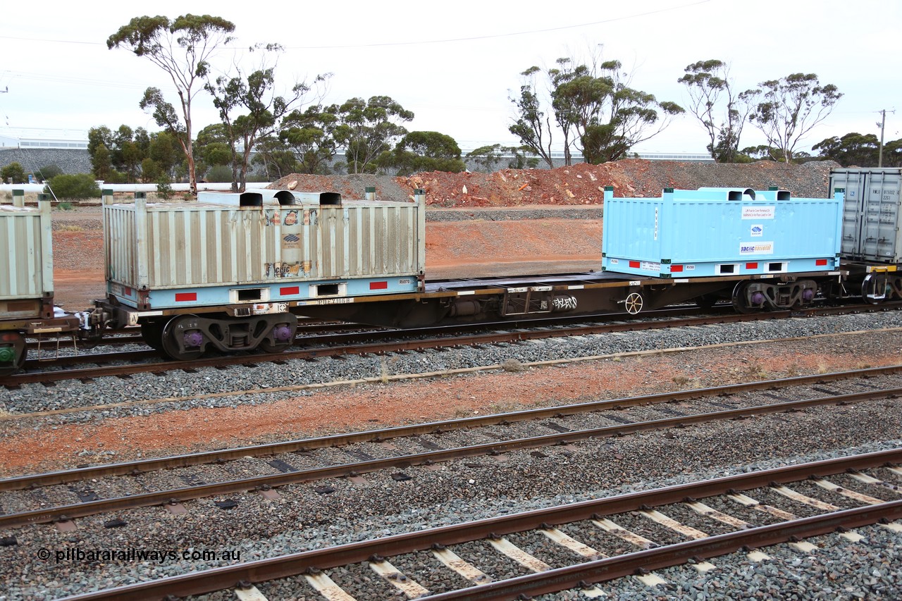 160524 4296
West Kalgoorlie, 1MP2 steel train, RQFY 106 container waggon, built by Victorian Railways Bendigo Workshops in 1980 as a batch of seventy five VQFX type skeletal container waggons, recoded to VQFY in 1985, recoded in April 1994 RQFY and 2CM bogies fitted August 1995. Loaded with two RV type coil containers or 'butter boxes' RV 070 and RV 066.
Keywords: RQFY-type;RQFY106;Victorian-Railways-Bendigo-WS;VQFX-type;VQFY-type;