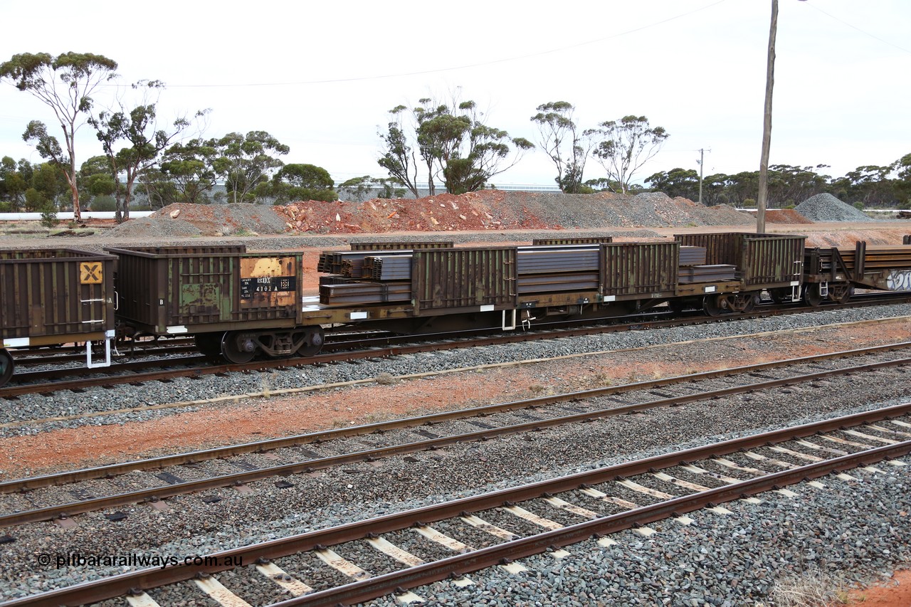 160524 4308
West Kalgoorlie, 1MP2 steel train, RKOX 4102, originally built by Transfield WA in 1976 as part of a batch of two hundred GOX type open waggons, recoded to AOOX, then to AKOX. Loaded with long products.
Keywords: RKOX-type;RKOX4102;Transfield-WA;GOX-type;AOOX-type;AKOX-type;