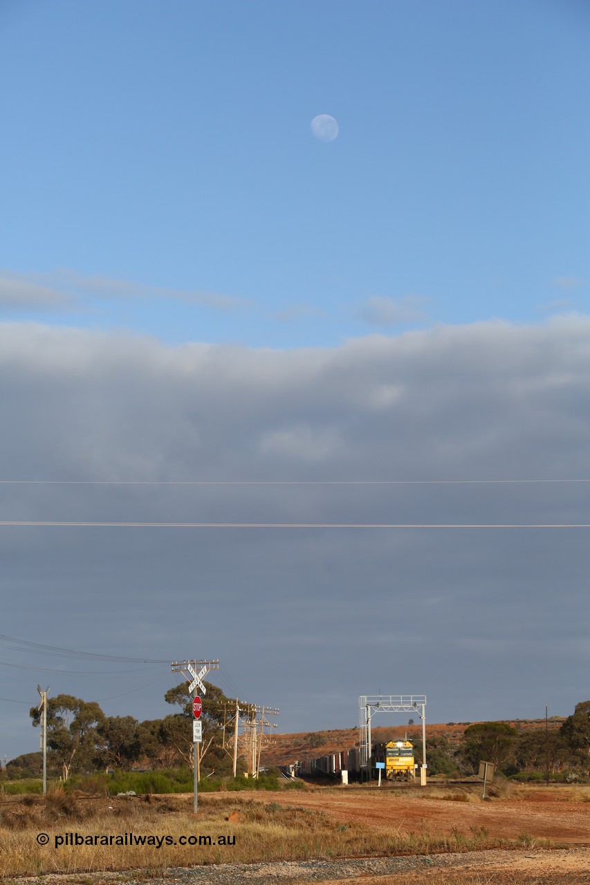 160525 4432
Parkeston, 3PM7 priority service train running downgrade through the gauge check with a near full moon watching on as Goninan built GE model Cv40-9i NR class units NR 64 serial 7250-11/96-266 and NR 11 serial 7250-02/97-213 lead the train.
Keywords: NR-class;NR64;Goninan;GE;Cv40-9i;7250-11/96-266;