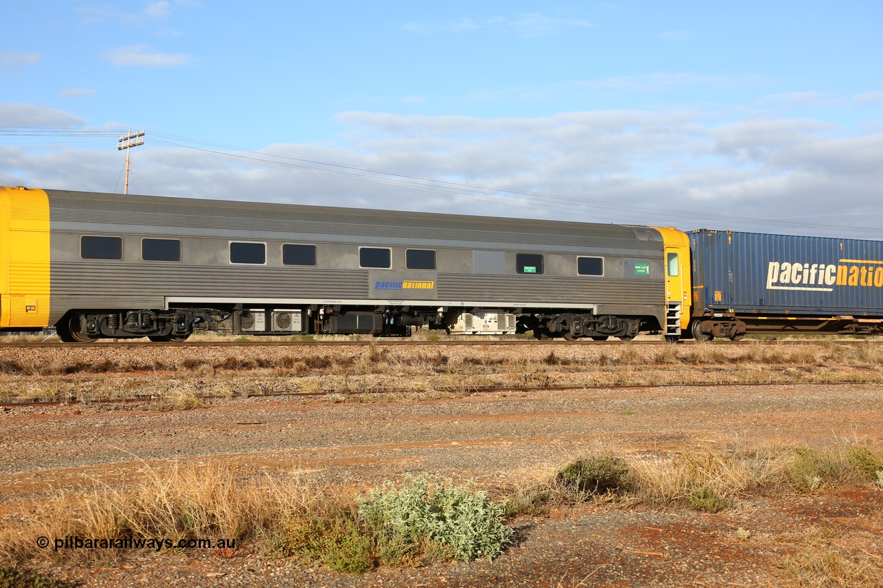 160525 4440
Parkeston, 3PM7 priority service train, crew accommodation coach RZAY 940, built by Comeng NSW in 1968 as ARJ 240, a stainless steel, air conditioned, roomette sleeping car, rebuilt by AN Rail Port Augusta Workshops to RZAY in 1997.
Keywords: RZAY-type;RZAY940;Comeng-NSW;ARJ-type;ARJ240;ARJ940;