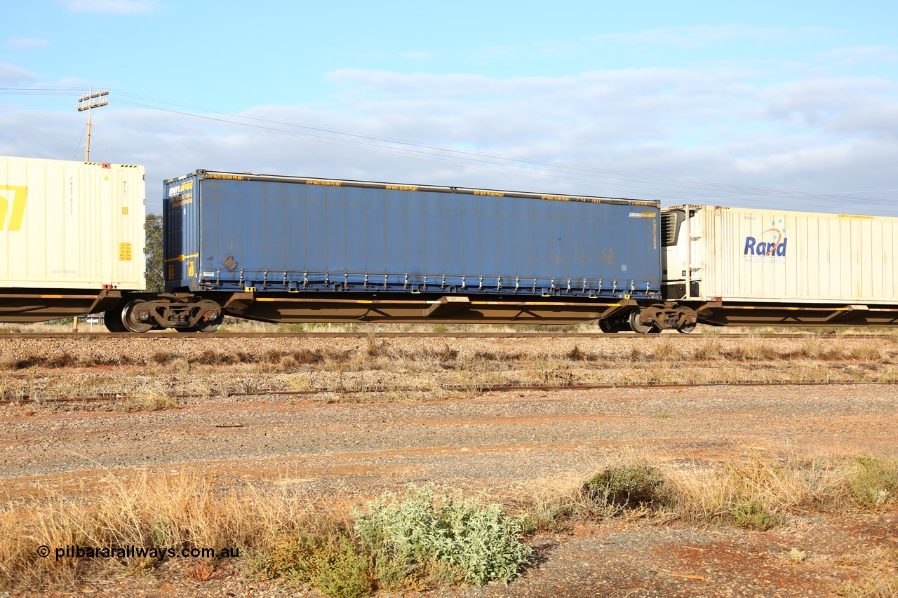 160525 4443
Parkeston, 3PM7 priority service train, RQQY 7077 platform 3 of 5-pack articulated skel waggon set, 1 of 17 built by Qld Rail at Ipswich Workshops in 1995, 48' Pacific National curtainsider PNXC 5659.
Keywords: RQQY-type;RQQY7077;Qld-Rail-Ipswich-WS;