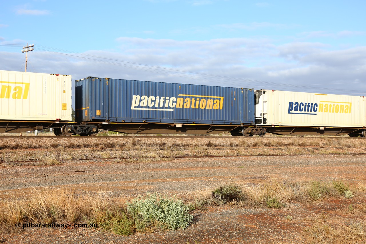 160525 4450
Parkeston, 3PM7 priority service train, RRAY 7244 platform 3 of 5-pack articulated skel waggon set, one of 100 built by ABB Engineering NSW 1996-2000, 48' deck with a Pacific National 48' container PNXL 4306.
Keywords: RRAY-type;RRAY7244;ABB-Engineering-NSW;