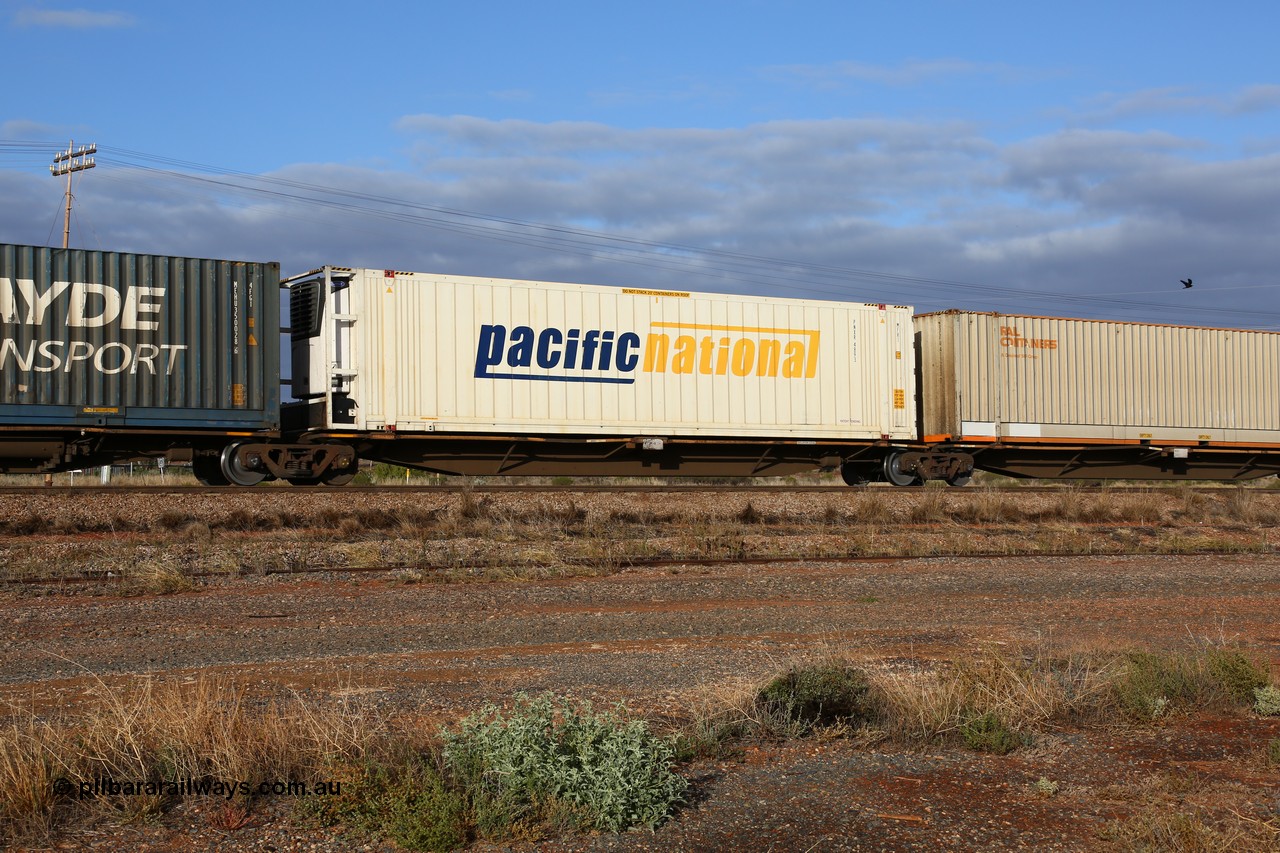 160525 4461
Parkeston, 3PM7 priority service train, RRAY 7243 platform 4 of 5-pack articulated skel waggon set, one of 100 built by ABB Engineering NSW 1996-2000, 48' deck with Pacific National 46' reefer PNXR 4893.
Keywords: RRAY-type;RRAY7243;ABB-Engineering-NSW;