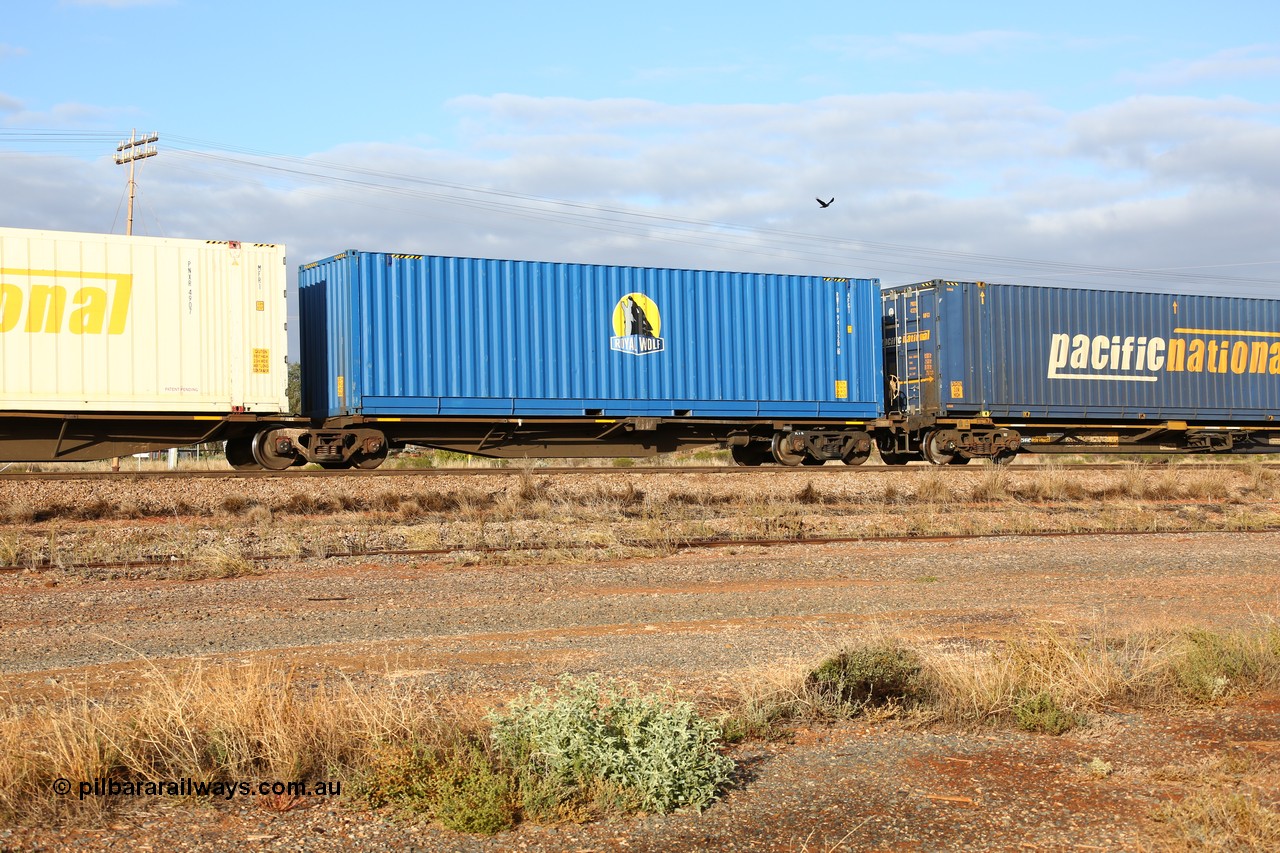 160525 4470
Parkeston, 3PM7 priority service train, RRAY 7190 platform 1 of 5-pack articulated skel waggon set, one of 100 built by ABB Engineering NSW 1996-2000, 40' deck with Royal Wolf 40' container RWTU 941320.
Keywords: RRAY-type;RRAY7190;ABB-Engineering-NSW;