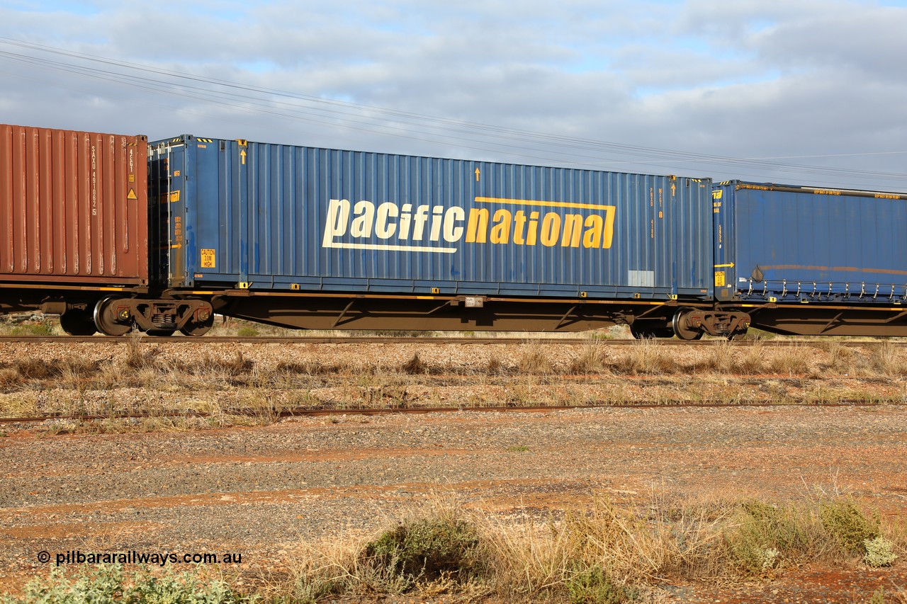 160525 4488
Parkeston, 3PM7 priority service train, RRAY 7203 platform 4 of 5-pack articulated skel waggon set, one of 100 built by ABB Engineering NSW 1996-2000, 48' deck with a Pacific National 48' box PNXD 4186.
Keywords: RRAY-type;RRAY7203;ABB-Engineering-NSW;