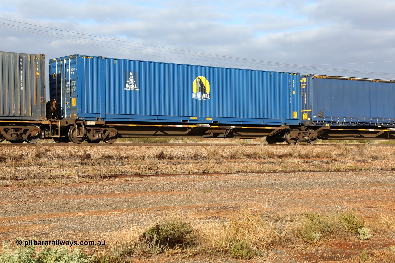 160525 4502
Parkeston, 3PM7 priority service train, RQQY 7079 platform 1 of 5-pack articulated skel waggon set, one of seventeen sets built by Qld Rail at Ipswich Workshops in 1995, 48' Royal Wolf box RVTU 922062.
Keywords: RQQY-type;RQQY7079;Qld-Rail-Ipswich-WS;