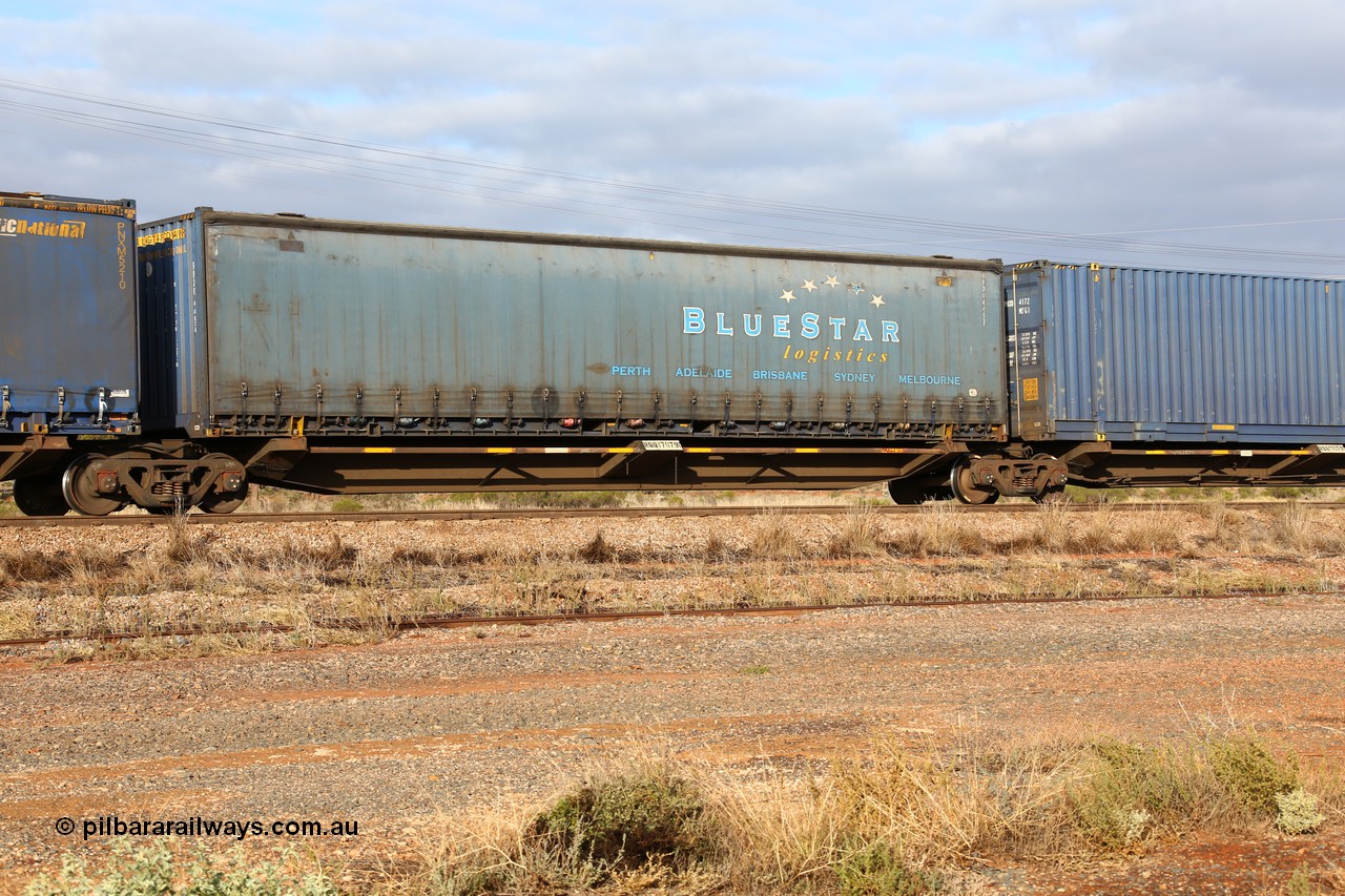 160525 4505
Parkeston, 3PM7 priority service train, RQQY 7079 platform 4 of 5-pack articulated skel waggon set, one of seventeen sets built by Qld Rail at Ipswich Workshops in 1995, 48' Pacific National curtainsider stencilled for Bluestar Logistics PNXC 4497.
Keywords: RQQY-type;RQQY7079;Qld-Rail-Ipswich-WS;