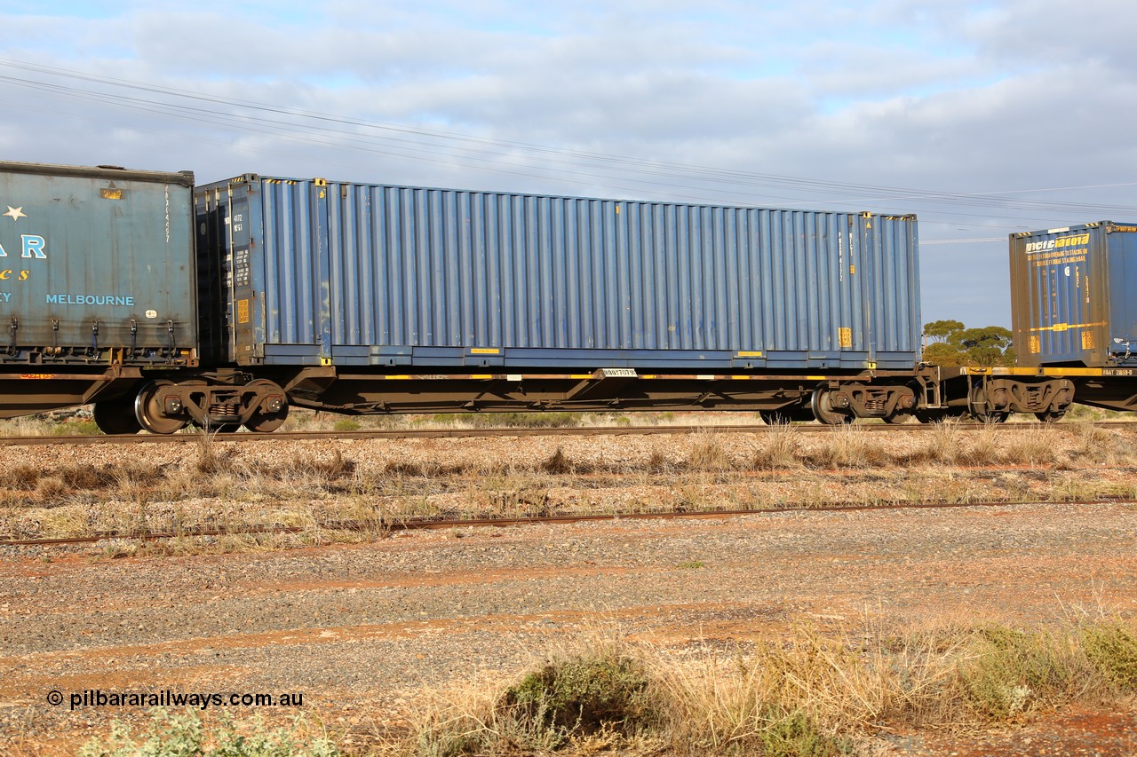 160525 4506
Parkeston, 3PM7 priority service train, RQQY 7079 platform 5 of 5-pack articulated skel waggon set, one of seventeen sets built by Qld Rail at Ipswich Workshops in 1995, 48' plain blue Pacific National box PNXD 4172.
Keywords: RQQY-type;RQQY7079;Qld-Rail-Ipswich-WS;