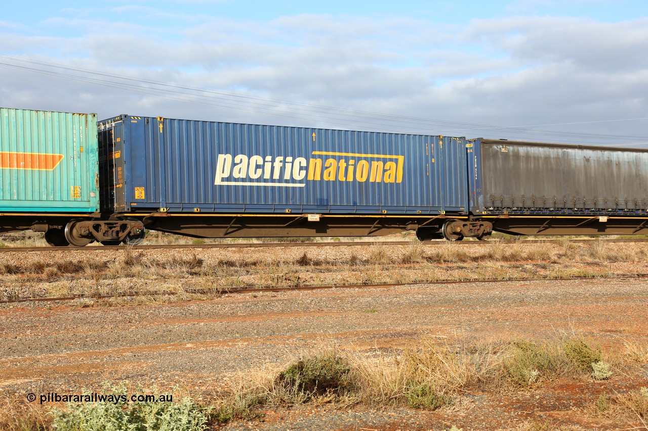 160525 4509
Parkeston, 3PM7 priority service train, RRAY 7255 platform 2 of 5-pack articulated skel waggon set, one of 100 built by ABB Engineering NSW 1996-2000, 48' deck with a Pacific National 48' box PNXD 4178.
Keywords: RRAY-type;RRAY7255;ABB-Engineering-NSW;