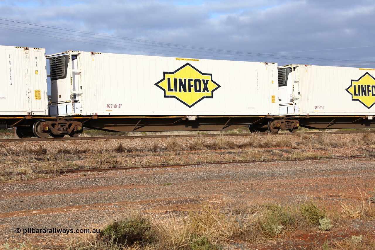 160525 4536
Parkeston, 3PM7 priority service train, RRAY 7229 platform 3 of 5-pack articulated skel waggon set, one of 100 built by ABB Engineering NSW 1996-2000, 48' deck with a Linfox 46' reefer FCAD 910614.
Keywords: RRAY-type;RRAY7229;ABB-Engineering-NSW;