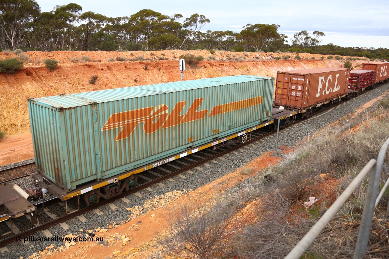 160526 5206
West Kalgoorlie, 4PM6 intermodal train, RQAY 21891 container waggon, one of a hundred waggons built in 1981 by EPT NSW as class NQAY, recoded to RQAY in 1994.
Keywords: RQAY-type;RQAY21891;EPT-NSW;NQAY-type;