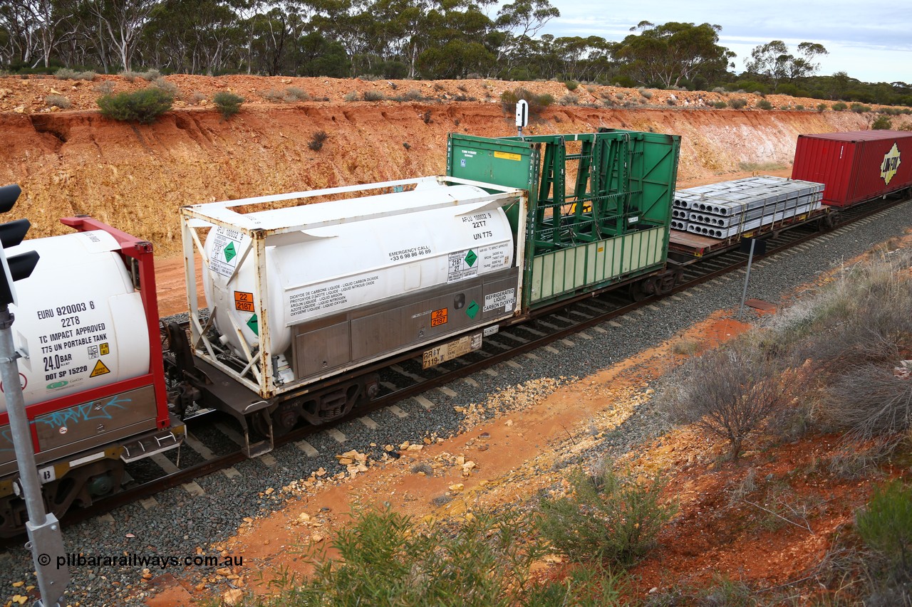 160526 5241
West Kalgoorlie, 4PM6 intermodal train, RRGY 7119 platform 5 of 5-pack articulated skel waggon, one of fifty originally built by AN Rail Islington Workshops in 1996-97 as class RRBY, later rebuilt with 48' intermediate decks and coded RRGY, 40' deck with a 20' Air Liquide WA tanktainer AFLU 100032 carrying carbon dioxide and a 20' former Pilkington Glass sheet carrier now coded AMX 13.
Keywords: RRGY-type;RRGY7119;AN-Islington-WS;RRBY-type;