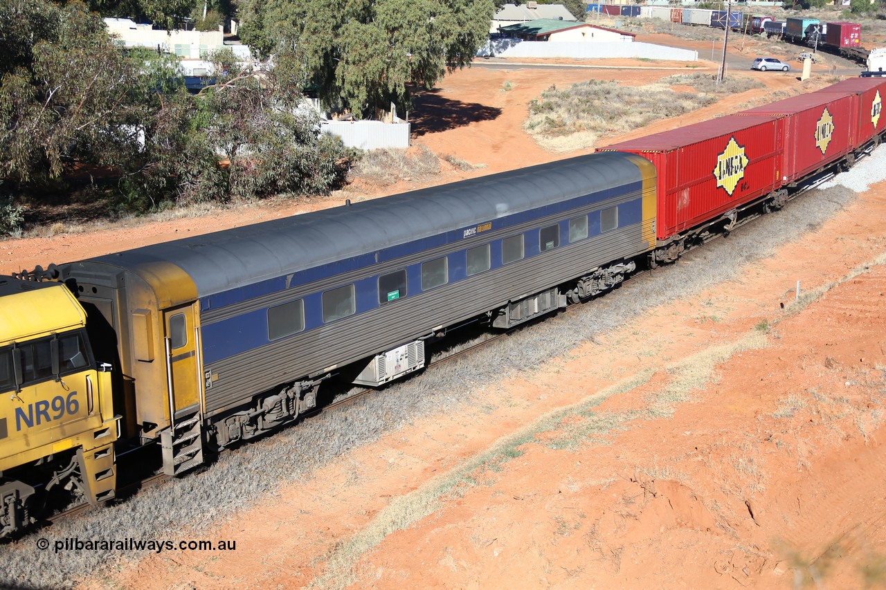 160527 5516
Kalgoorlie, 5PS6 intermodal train, crew accommodation coach RZEY 3, built by South Australian Railways Islington Workshops in 1956 as Tolkini for The Overland, renamed to Malkari in 1957 then coded JTA 3 in 1987, converted to crew coach in 2007 by Bluebird Rail Operations.
Keywords: RZEY-class;RZEY3;SAR-Islington-WS;JTA-class;JTA3;Tolkini;Malkari;