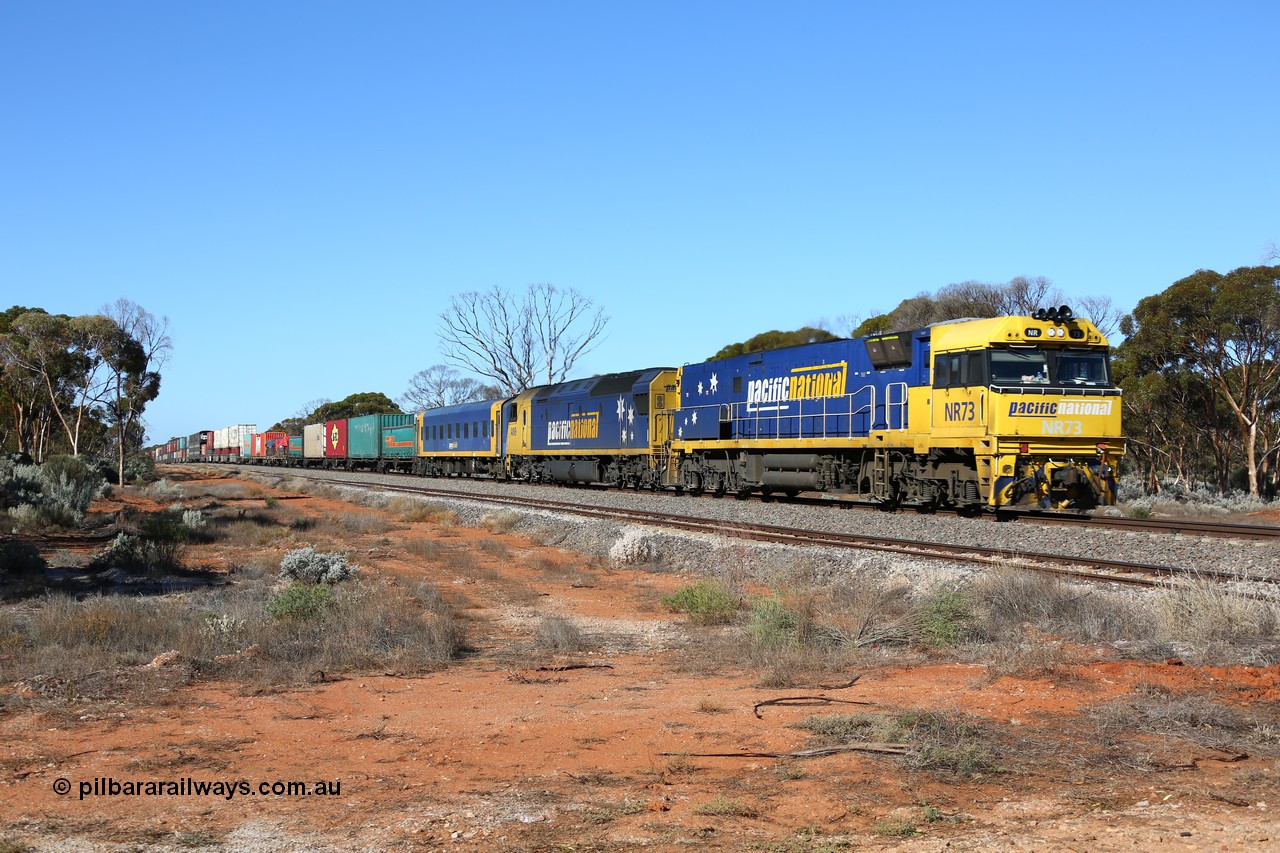 160527 5565
Karonie, 4MP5 intermodal train, Goninan built GE model Cv40-9i NR class unit NR 73 serial 7250-01/97-275 leads Clyde Engineering EMD model JT46C AN class AN 9 serial 93-1305.
Keywords: NR-class;NR73;Goninan;GE;Cv40-9i;7250-01/97-275;