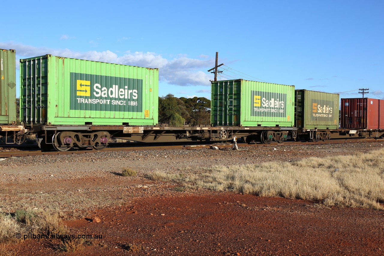 160528 8317
Parkeston, priority service 6PS7, RQAY 21896 container waggon, one of a hundred waggons built in 1981 by EPT NSW as type NQAY, recoded to RQAY in 1994 under National Rail. Loaded with two Sadleirs 20' 2BE0 type boxes RCSB 5109 and RCSB 5104.
Keywords: RQAY-type;RQAY21896;EPT-NSW;NQAY-type;