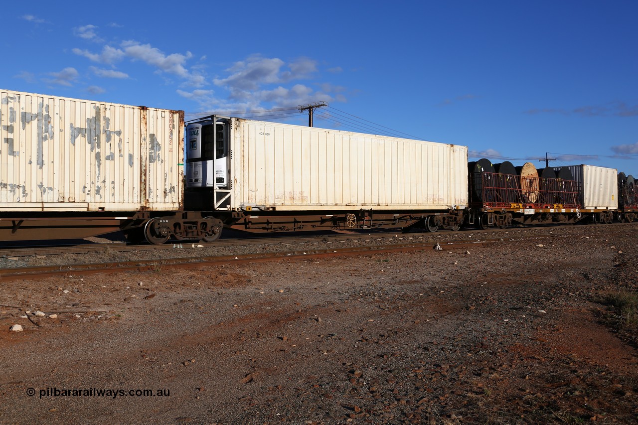 160528 8357
Parkeston, 5SP5 intermodal train, PRXY 5004 originally owned by FCL, five PRXY type articulated five pack container waggon sets with 48' decks were built by Qiqihar Rollingstock Works in China in 2005, with a Toll NQX 46' reefer 4CB 800.
Keywords: PRXY-type;PRXY5004;Qiqihar-Rollingstock-Works-China;