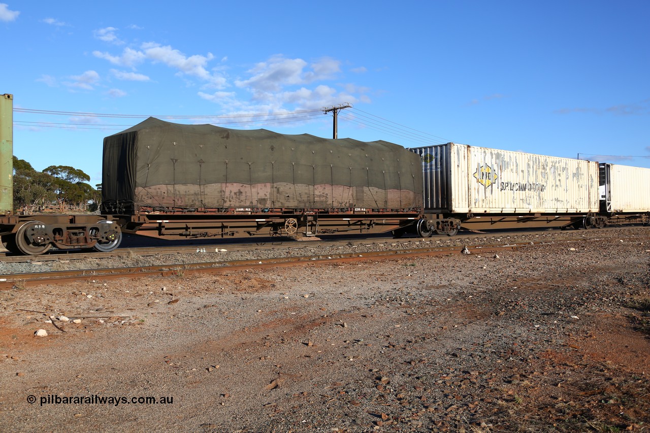 160528 8359
Parkeston, 5SP5 intermodal train, PRXY 5004 originally owned by FCL, five PRXY type articulated five pack container waggon sets with 48' decks were built by Qiqihar Rollingstock Works in China in 2005, with a 40' flat rack COR 43 with a tarped load.
Keywords: PRXY-type;PRXY5004;Qiqihar-Rollingstock-Works-China;