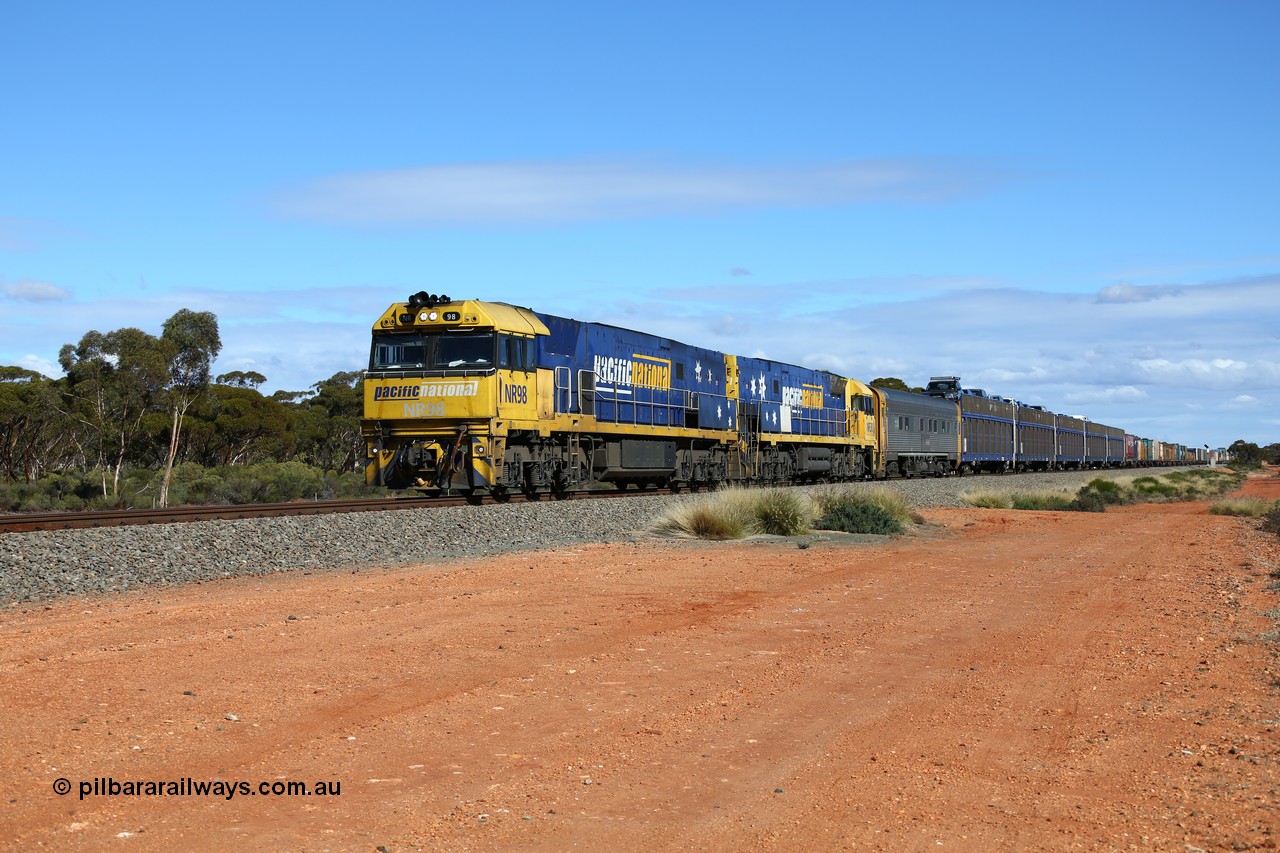 160528 8382
Binduli, intermodal train 6PM6 runs through behind Goninan built GE model Cv40-9i NR class units NR 98 serial 7250-07/97-299 and NR 30 serial 7250-05/97/232, originally built for National Rail now in current owner Pacific National livery.
Keywords: NR-class;NR98;Goninan;GE;Cv40-9i;7250-07/97-299;