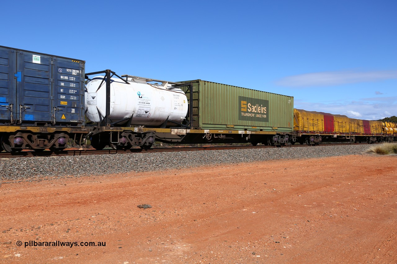 160528 8401
Binduli, intermodal train 6PM6, RQSY 35049 container waggon, built by Goninan NSW in 1975 as an OCY type, 20' Direct Logistics tanktainer DLGU 211449 and a 40' Sadleirs box RCS 4132.
Keywords: RQSY-type;RQSY35049;Goninan-NSW;OCY-type;NQOY-type;