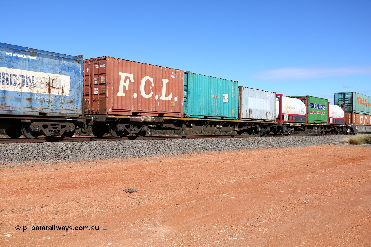 160528 8413
Binduli, intermodal train 6PM6, RQKY type container waggon RQKY 3073, originally built by Carmor Engineering SA in 1975 as an RMX type in a batch of fifty waggons. Recoded to AQMX then AQSY in 1988, then to RQKY in 1994. Loaded with three 20' containers, FCL FCGU 960485, Toll 2EG9 type NB 29162 and a 22G1 type 076740.
Keywords: RQKY-type;RQKY3073;Carmor-Engineering-SA;RMX-type;AQMX;AQSY-type;