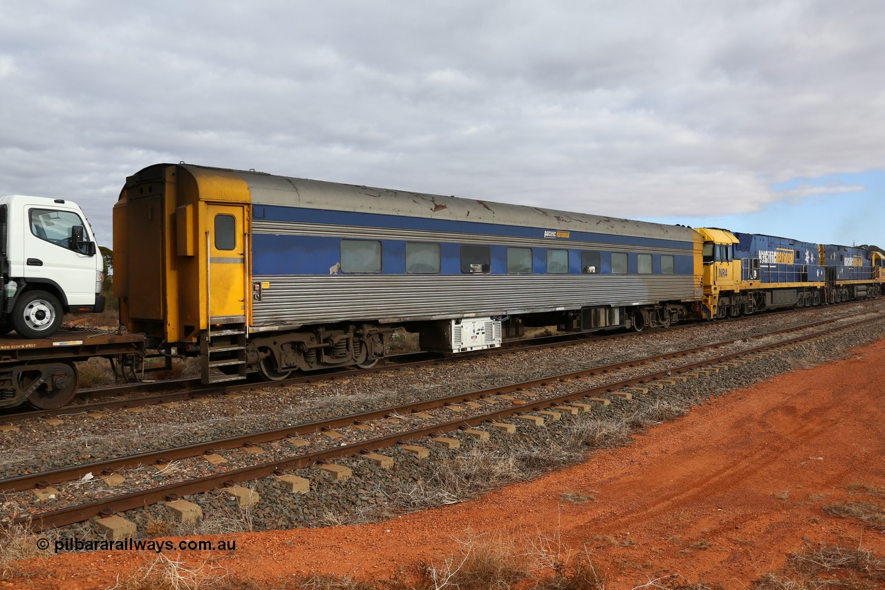 160529 8763
Parkeston, 6MP4 intermodal train with crew accommodation coach RZEY 4, built by South Australian Railways Islington Workshops as Purpawi in 1955 for use on The Overland, coded JRA 4, to West Coast Railway, converted to RZEY by Bluebird Rail Operations 2007.
Keywords: RZEY-class;RZEY4;SAR-Islington-WS;JRA-class;JRA4;Purpawi;