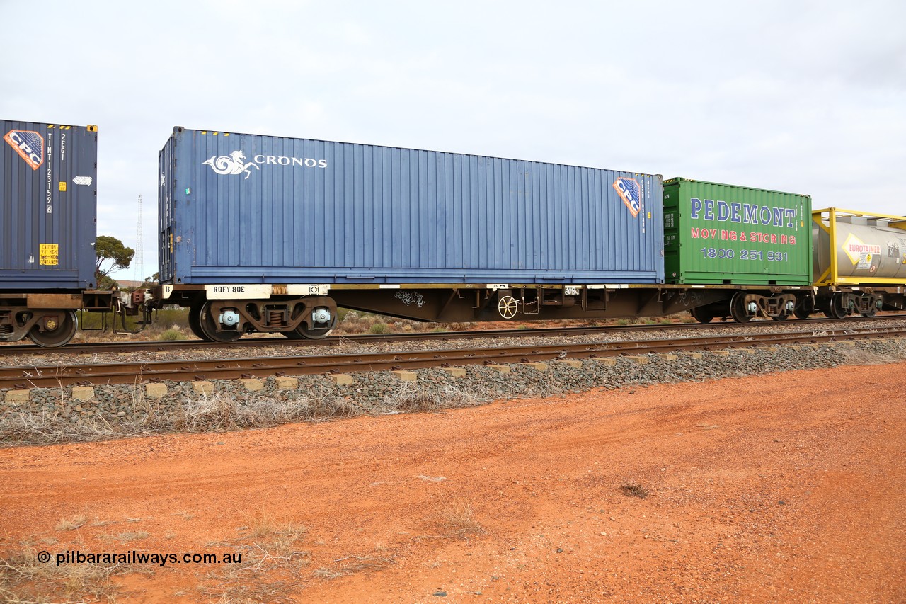 160529 8780
Parkeston, 6MP4 intermodal train, RQFY 80 container waggon, built by Victorian Railways Bendigo Workshops in 1980 as a batch of seventy five VQFX type skeletal container waggons, recoded to VQFY c1985, then RQFY May 1994, May 1995 to RQFF, then 2CM bogies fitted in Aug 1995 and current code Feb 1996, loaded with a 40' 4EG1 type Conos box CXSU 103748 and a 20' 2EG1 type Pedemonts box PHR 529.
Keywords: RQFY-type;RQFY80;Victorian-Railways-Bendigo-WS;VQFX-type;