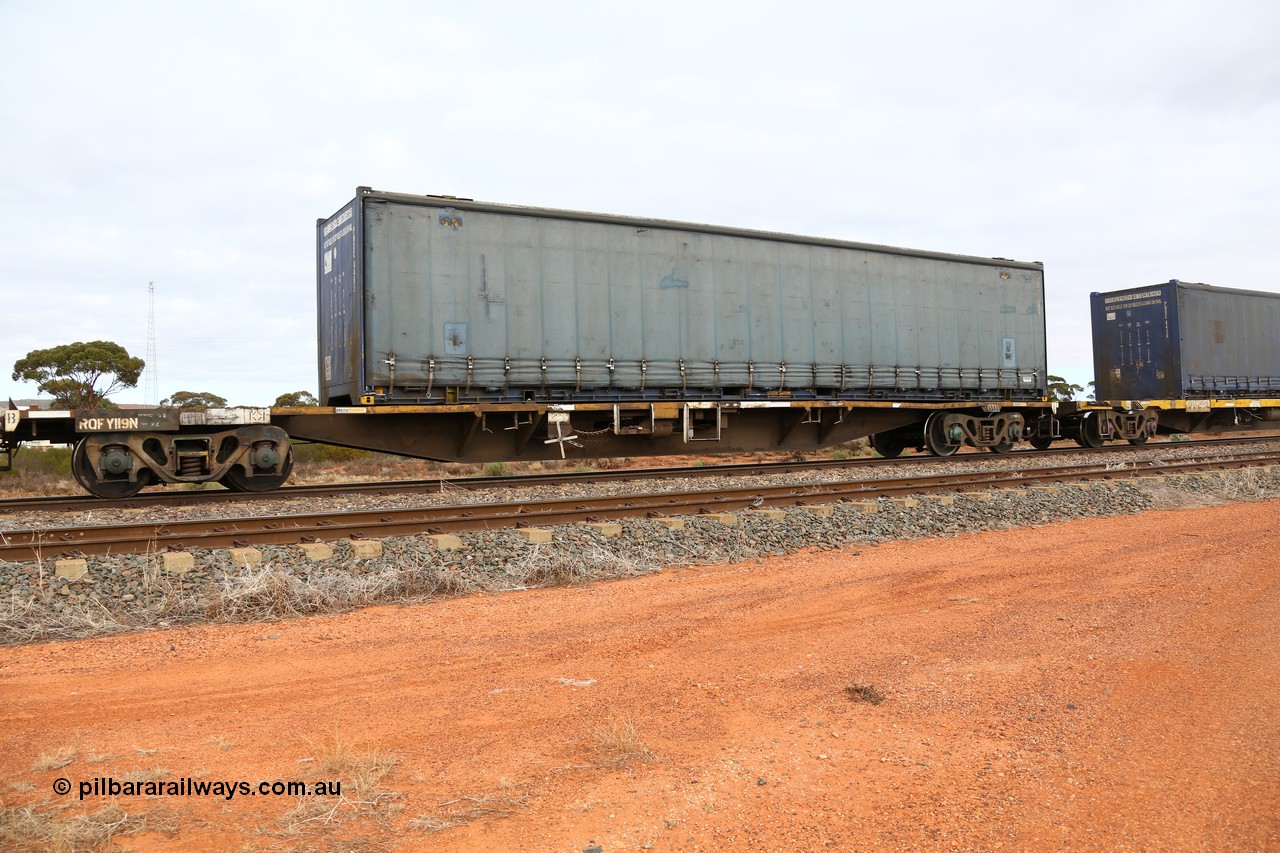 160529 8788
Parkeston, 6MP4 intermodal train, RQFY 119 container waggon, built by Victorian Railways Bendigo Workshops in 1980 as a batch of seventy five VQFX type skeletal container waggons, recoded to VQFY in 1985, recoded in April 1994 RQFY, May 1995 to RQFF and 2CM bogies fitted August 1995, loaded with a 48' Pacific National curtainsider PNXC 4455.
Keywords: RQFY-type;RQFY119;Victorian-Railways-Bendigo-WS;VQFX-type;VQFY-type;RQFF-type;