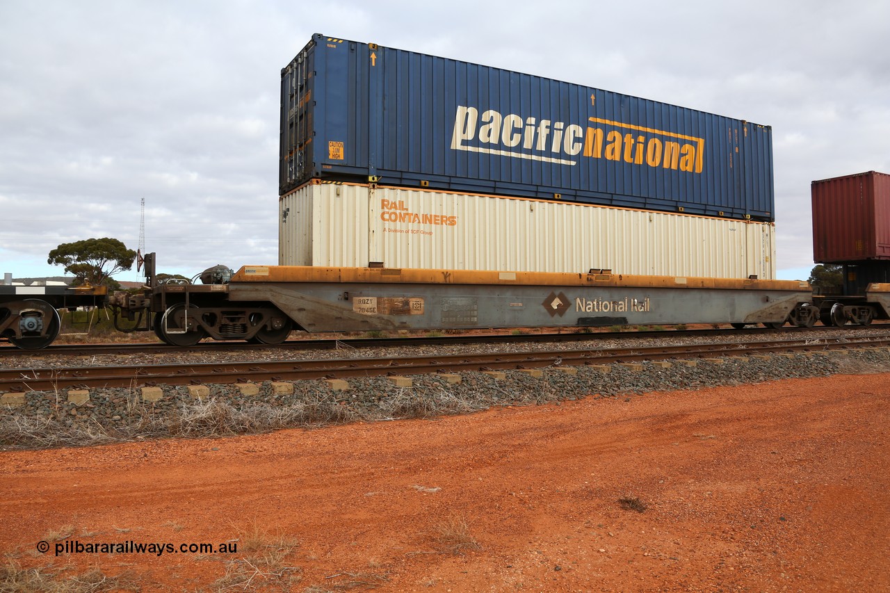 160529 8793
Parkeston, 6MP4 intermodal train, RQZY 7045 platform 1 of 5-pack well waggon set, one of thirty two sets built by Goninan NSW in 1995-96 for National Rail with a Rail Containers 48' MFG1 type box SCFU 412588 and a Pacific National 48' MFG1 type box PNXL 4326.
Keywords: RQZY-type;RQZY7045;Goninan-NSW;