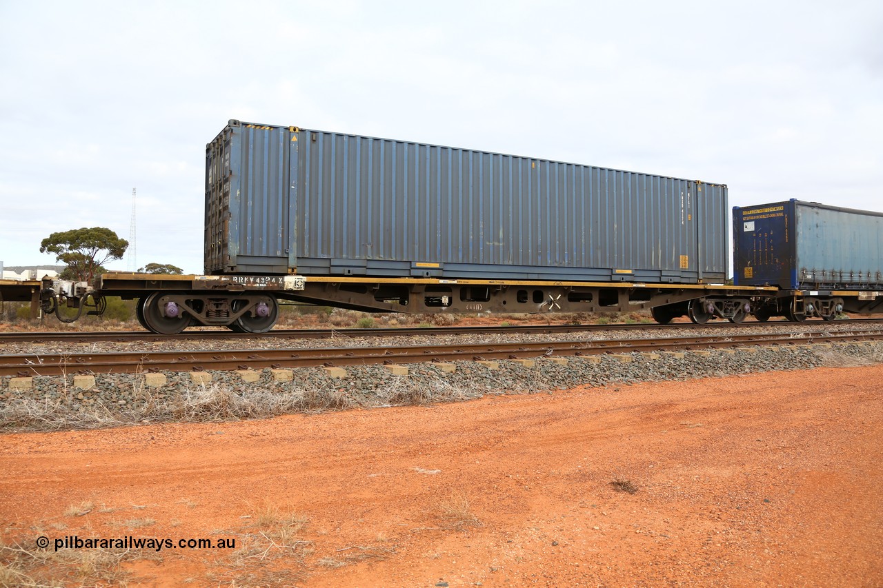 160529 8795
Parkeston, 6MP4 intermodal train, RRKY 4324 container flat waggon originally built by Perry Engineering SA in 1976 as part of a batch of one hundred and fifty RMX type waggons for the Commonwealth Railways, recoded to AQMX, in 1987 to AQSY, then RQKY. Loaded with a Pacific National 48' MFG1 container PNXD 4174.
Keywords: RRKY-type;RRKY4324;Perry-Engineering-SA;RMX-type;AQMX-type;AQSY-type;RQKY-type;