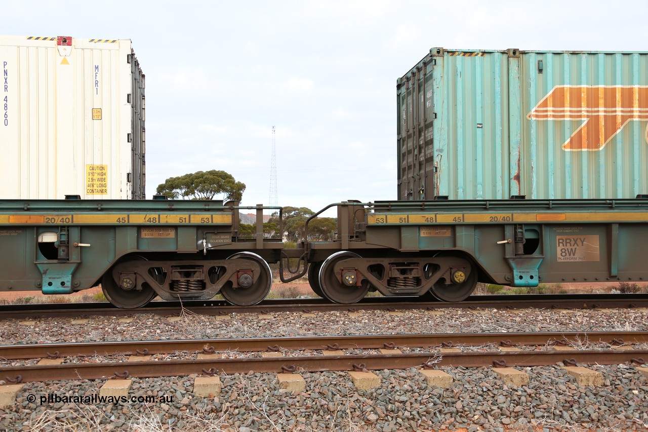 160529 8803
Parkeston, 6MP4 intermodal train, RRXY 8 shows the bar coupling and pipes between platform 2 and 3 of 5-pack well waggon set, one of eleven built by Bradken Qld in 2002 for Toll from a Williams-Worley design.
Keywords: RRXY-type;RRXY8;Williams-Worley;Bradken-Rail-Qld;