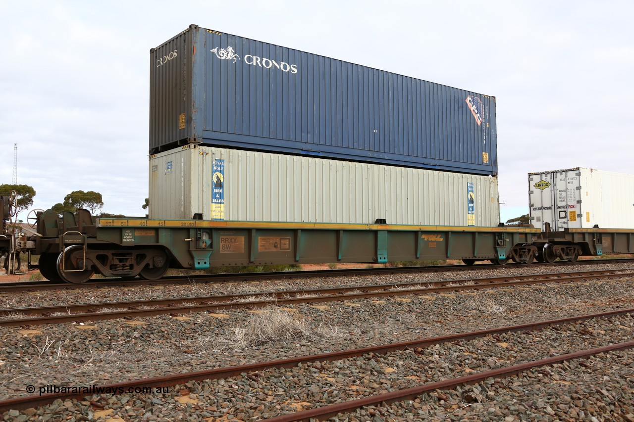 160529 8808
Parkeston, 6MP4 intermodal train, RRXY 8 platform 5 of 5-pack well waggon set, one of eleven built by Bradken Qld in 2002 for Toll from a Williams-Worley design with a pair of 40' boxes double stacked, in the well Royal Wolf RWTU 941145 and Cronos TSPD 092170 on top.
Keywords: RRXY-type;RRXY8;Williams-Worley;Bradken-Rail-Qld;