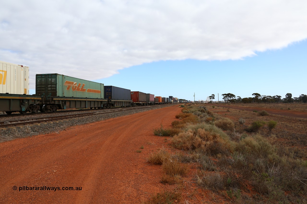 160529 8809
Parkeston, 6MP4 intermodal train, view looking towards the front from RRXY 8 5-pack well waggon set, one of eleven built by Bradken Qld in 2002 for Toll from a Worley-Williams.
Keywords: RRXY-type;RRXY8;Worley-Williams;Bradken-Rail-Qld;