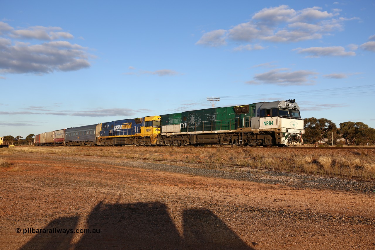 160529 9080
Parkeston, 7MP7 priority service train powers around the curve as it climbs the grade to Kalgoorlie behind a pair of Goninan built GE model Cv40-9i NR class units NR 84 serial 7250-04/97-286 and NR 80 serial 7250-03/97-282. NR 84 wears the Southern Spirit livery and is known as the Minty.
Keywords: NR-class;NR84;NR80;Goninan;GE;Cv40-9i;7250-04/97-286;7250-03/97-282;