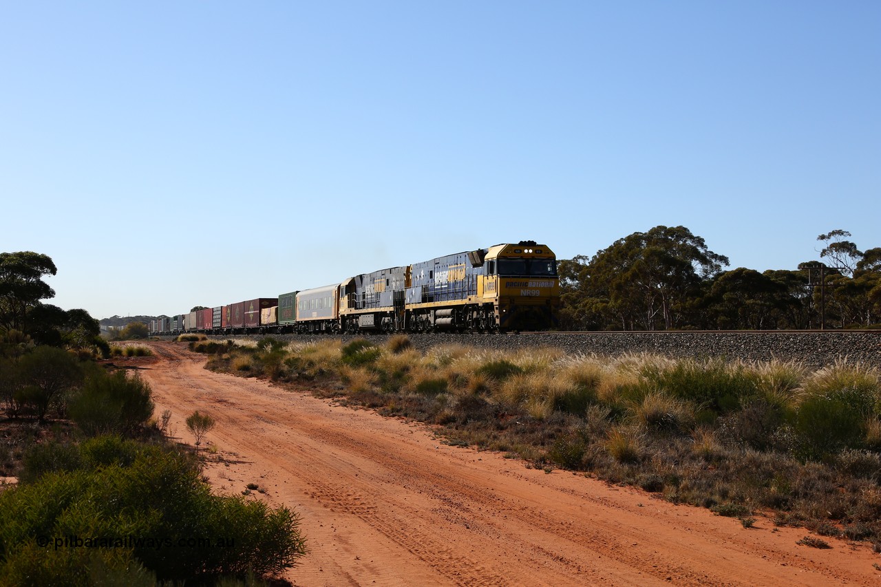 160530 9246
Binduli, 7SP3 intermodal service is Perth bound having left West Kalgoorlie behind Goninan built GE model Cv40-9i NR class unit NR 99 serial 7250-07/97-305 leads sister unit NR 59 serial 7250-10/97-261.
Keywords: NR-class;NR99;Goninan;GE;Cv40-9i;7250-07/97-305;