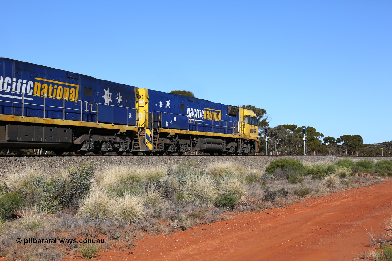 160530 9247
Binduli, 7SP3 intermodal service about to pass the sticks at the end of the Binduli Triangle which is the junction for the Esperance line, Goninan built GE model Cv40-9i NR class unit NR 99 serial 7250-07/97-305 leads sister unit NR 59 serial 7250-10/97-261.
Keywords: NR-class;NR99;Goninan;GE;Cv40-9i;7250-07/97-305;