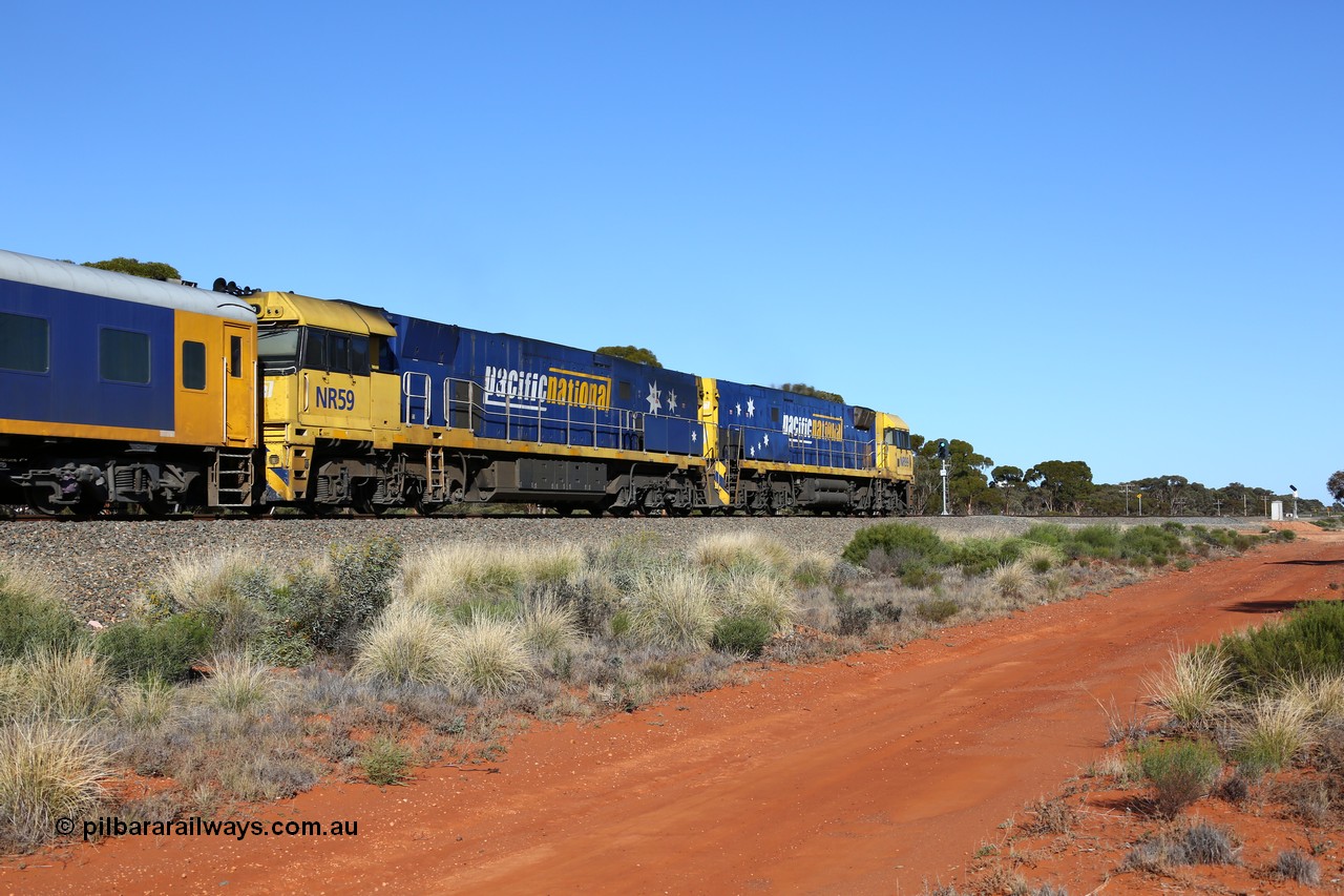 160530 9248
Binduli, 7SP3 intermodal service about to pass the sticks at the end of the Binduli Triangle which is the junction for the Esperance line, Goninan built GE model Cv40-9i NR class unit NR 99 serial 7250-07/97-305 leads sister unit NR 59 serial 7250-10/97-261.
Keywords: NR-class;NR99;Goninan;GE;Cv40-9i;7250-07/97-305;