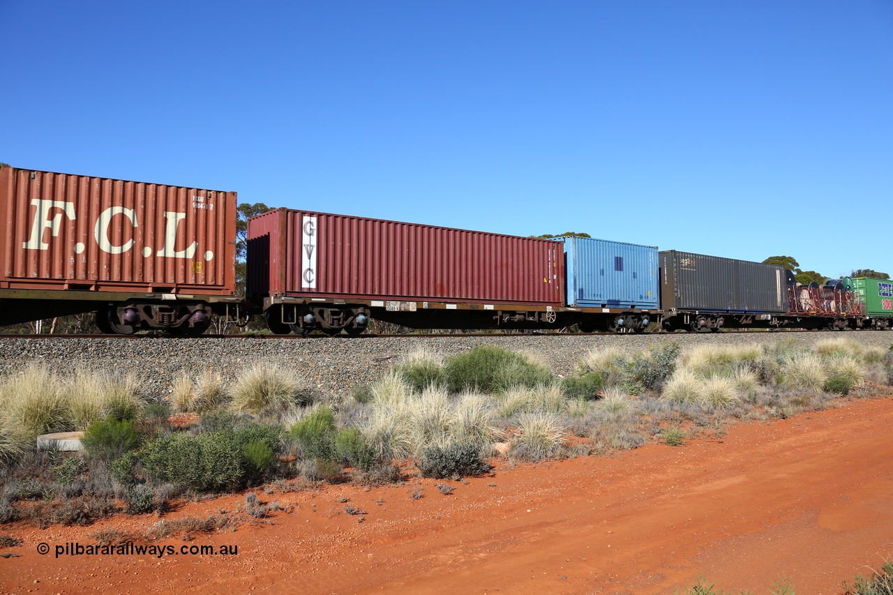 160530 9253
Binduli, 7SP3 intermodal service, container waggon RQBY 15048, one of seventy that Comeng NSW built as OCY type in 1974-75, recoded to NQOY, then NQSY and NQBY. Loaded with a 20' ADLU 203750 and an GVC 40' GVCU 402538 container.
Keywords: RQBY-type;RQBY15048;Comeng-NSW;OCY-type;NQOY-type;NQSY-type;NQBY-type;