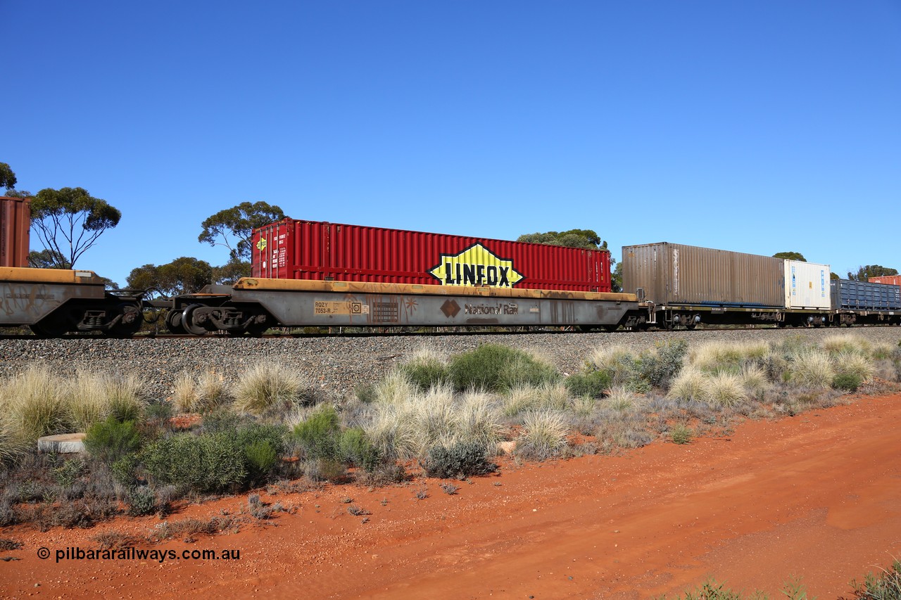 160530 9256
Binduli, 7SP3 intermodal service, RQZY 7953 platform 5 of 5-pack well waggon set built by Goninan NSW in 1995-96, Linfox 48' FGDU 910812.
Keywords: RQZY-type;RQZY7053;Goninan-NSW;