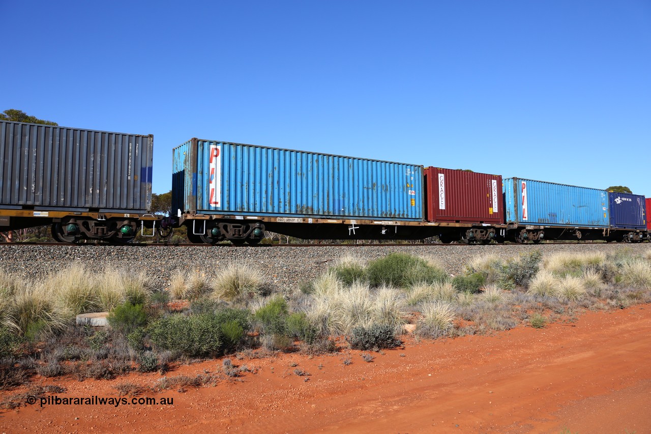 160530 9262
Binduli, 7SP3 intermodal service, RQGY 14912 container waggon orginally built by Comeng NSW in a batch of fifty OCY type container waggons in 1974/75, recoded to NQOY in 1Carrying PIL 45G1 type 40' container PCIU 997605 and a Grace 20' 2EG1 type container GRRU 230520.
Keywords: RQGY-type;RQGY14912;Comeng-NSW;OCY-type;