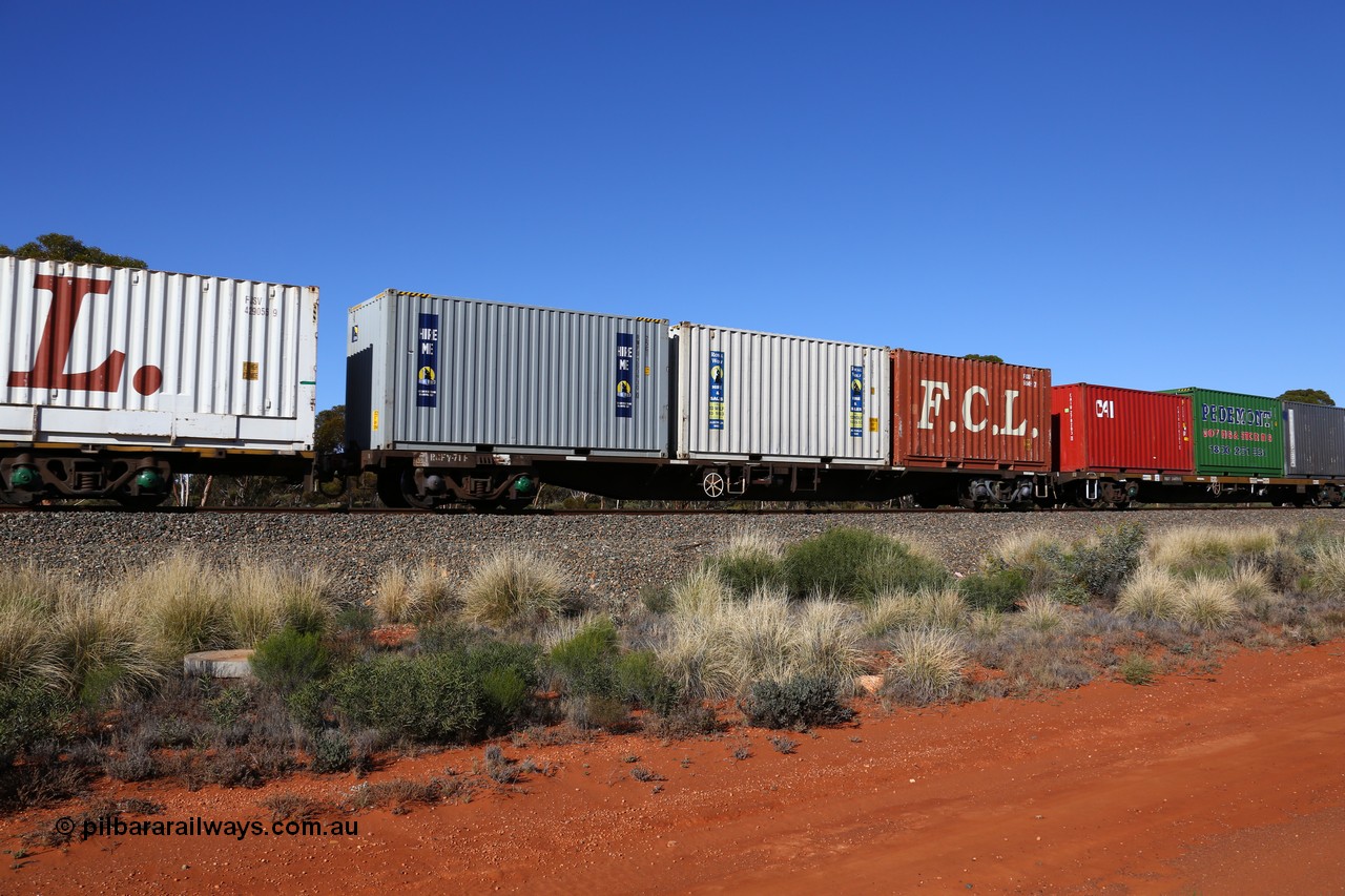 160530 9264
Binduli, 7SP3 intermodal service, RQFY 71 container waggon, built by Victorian Railways Bendigo Workshops in 1980 as a batch of seventy five VQFX type skeletal container waggons, recoded to VQFY c1985, then RQFF April 1994, May 1995 to RQFY and 2CM bogies fitted.
Keywords: RQFY-type;RQFY71;Victorian-Railways-Bendigo-WS;VQFX-type;VQFY-type;RQFF-type;