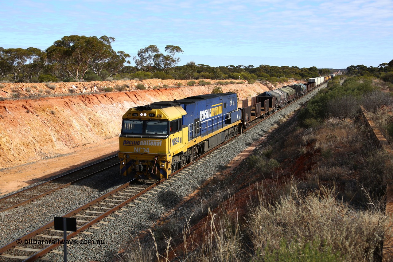 160531 9835
Binduli, 3PM4 steel train, an 80 kph runner with solo Goninan built GE model Cv40-9i NR class unit NR 94 serial 7250-06/97-300 will enter West Kalgoorlie yard to shunt on a crew coach and more empty waggons.
Keywords: NR-class;NR94;Goninan;GE;Cv40-9i;7250-06/97-300;