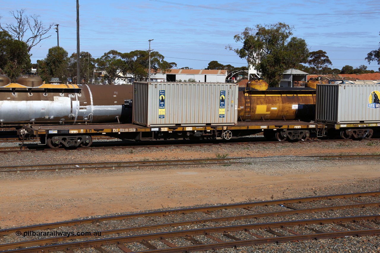 160531 9874
West Kalgoorlie, RRDY type 60' container waggon RRDY 120 appears to be a former SAR FQX / AQCX type waggon. Loaded with a 20' Royal Wolf 22G1 type container RWMC 815875. 31st of May 2016
Keywords: RRDY-type;RRDY120;SAR-Islington-WS;FQX-type;