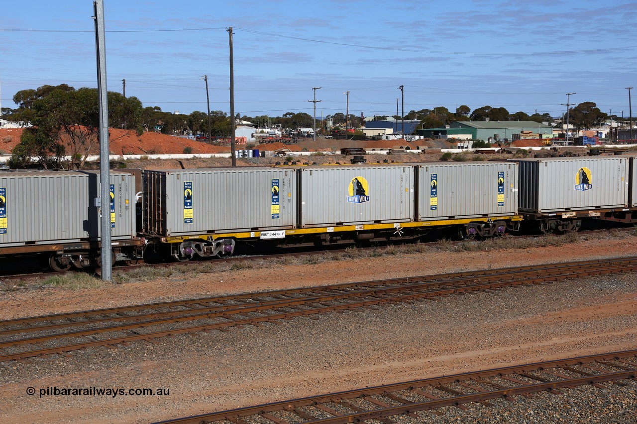 160531 9878
West Kalgoorlie, RQGY type container waggon RQGY 34496, one of one hundred built by Tulloch Ltd In 1974/75 as an OCY type, recoded NQOY, then converted to NQSY and NQGY early 1990s. Loaded with three 22G1 type 20' Royal Wolf boxes, RWMC 815947, RWMC 817992 and RWMC 815903. 31st of May 2016.
Keywords: RQGY-type;RQGY34496;Tulloch-Ltd-NSW;OCY-type;NQOY-type;NQSY-type;NQGY-type;