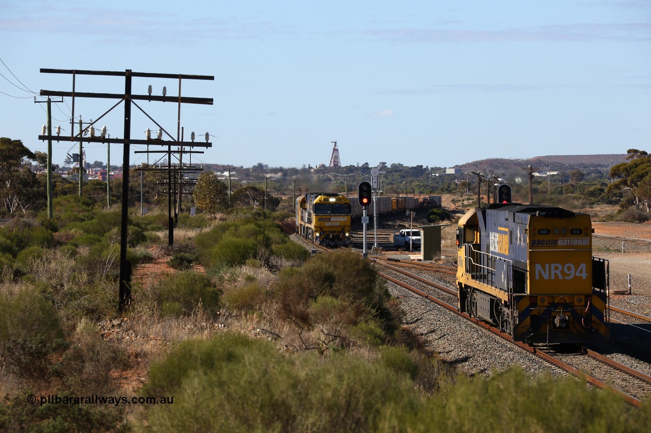 160531 9887
West Kalgoorlie, Pacific National's Goninan built GE model Cv40-9i NR class unit NR 94 serial 7250-06/97-300 waits as it shunts 3PM4 steel train as opposing steel train 1MP2 arrives behind sister NR class NR 100. 31st of May 2016.
Keywords: NR-class;NR94;Goninan;GE;Cv40-9i;7250-06/97-300;