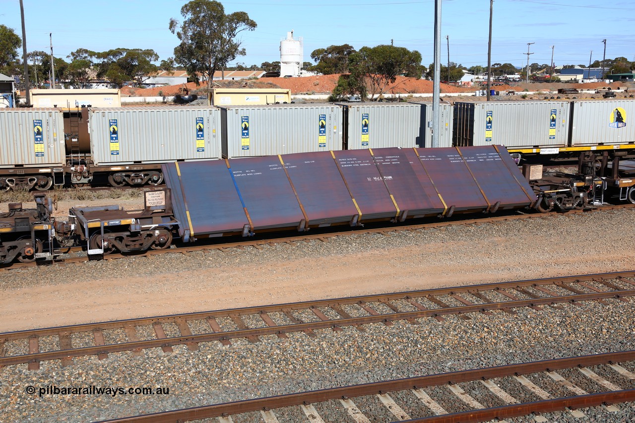 160531 9926
West Kalgoorlie, 1MP2 steel train, RKYY type wide steel plate tilt waggon RKYY 7108, one of twenty seven units built by AN Rail Islington Workshops in 1995-96. Loaded with steel plate.
Keywords: RKYY-type;RKYY7108;AN-Islington-WS;