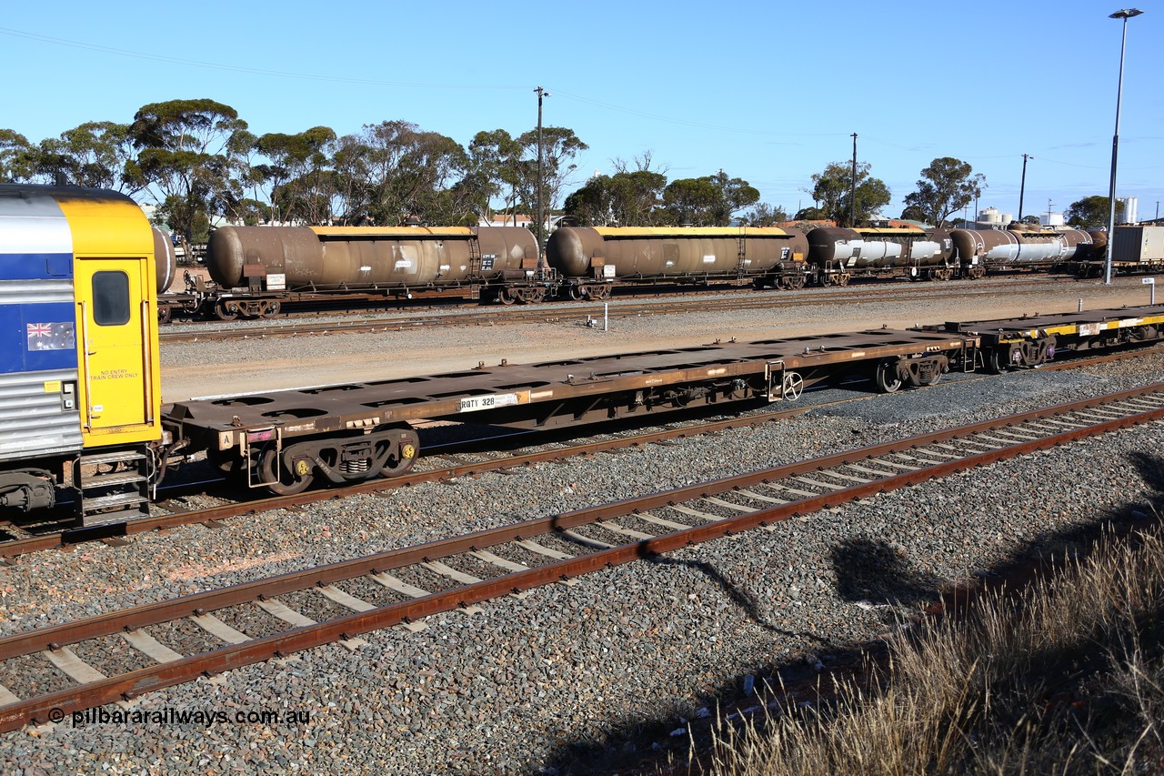 160531 9939
West Kalgoorlie, 3PM4 steel train, empty container waggon RQTY 32 originally built by SAR at Islington Workshops between 1970-72 as part of a batch of seventy two FQX type container waggons
Keywords: RQTY-type;RQTY32;SAR-Islington-WS;FQX-type;