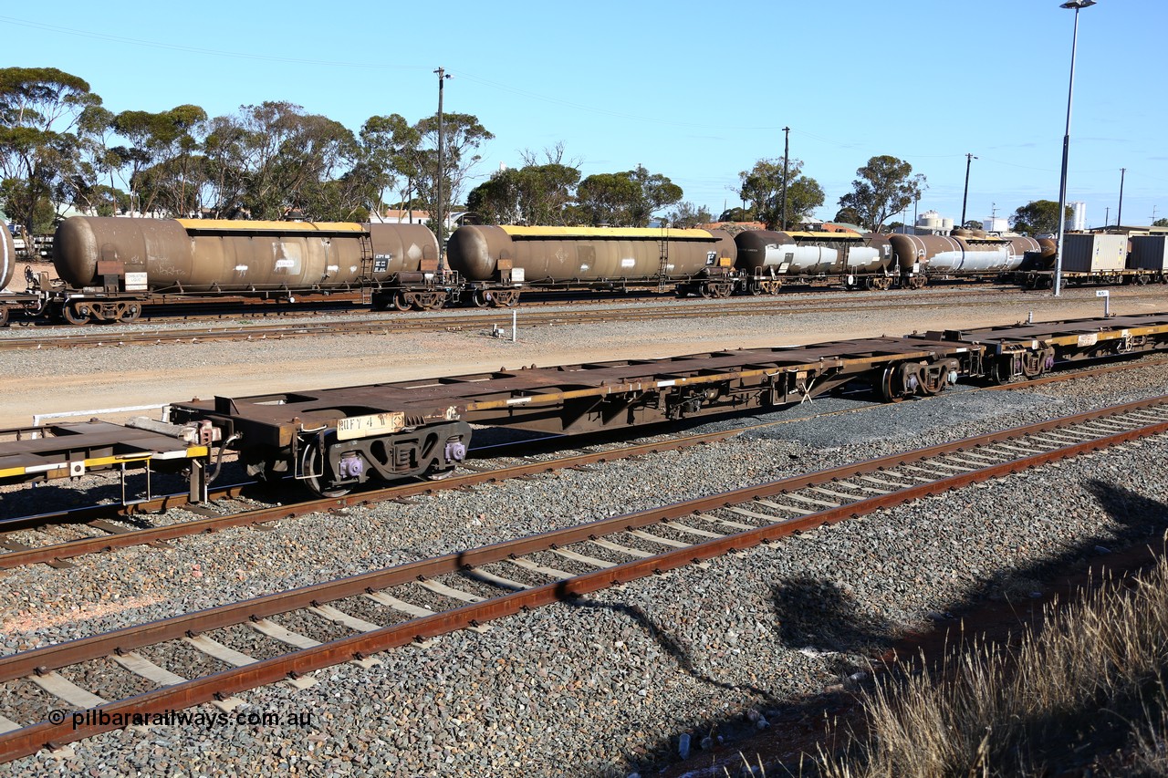 160531 9943
West Kalgoorlie, 3PM4 steel train, empty RQFY 4 container waggon, built by Victorian Railways Bendigo Workshops in April 1978 in a batch of forty QMX type skeletal container waggons, in July 1980 re-coded to VQFX, in October 1994 re-coded to RQFX and 2CM bogies fitted.
Keywords: RQFY-type;RQFY4;Victorian-Railways-Bendigo-WS;QMX-type;